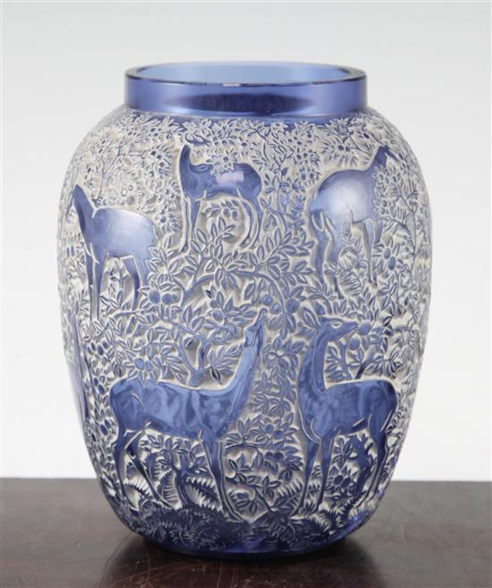 A Rene Lalique Biches cobalt blue glass vase, introduced 1932, 17cm, extensive cracks